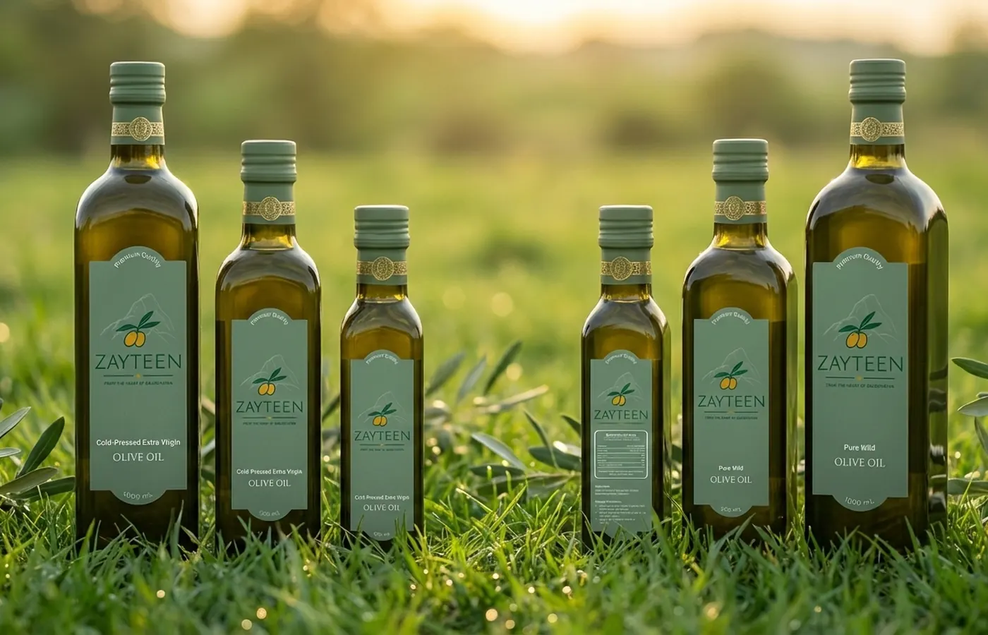 A glass bottle of Zayteen olive oil with fresh olives beside it